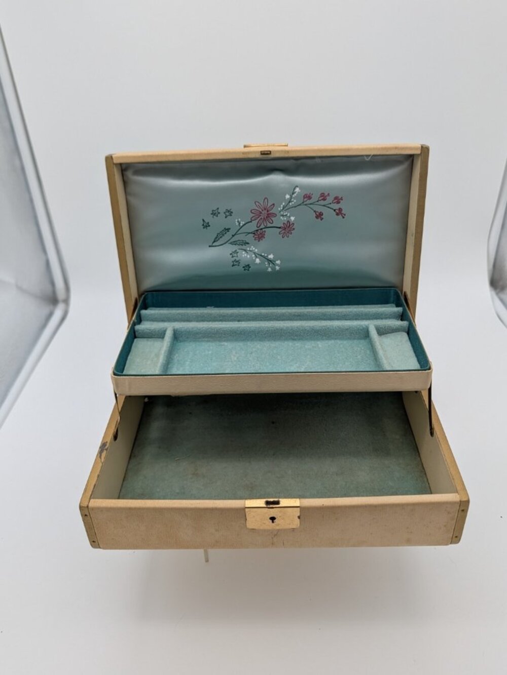 Vintage Farrington Texol Jewelry Box Large Travel Jewel Case BLUE inside FLAWED